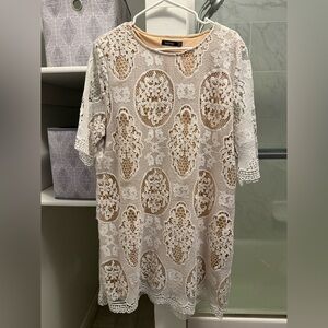 boohoo White/Tan Lace Dress, Size 16